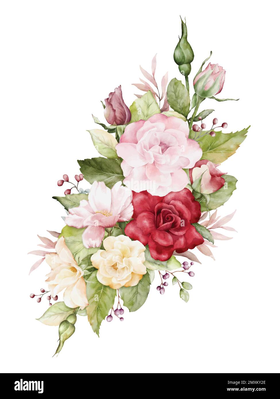Aquarelle Arrangements mit Rosenblumen. Blumensträuße aus rosa, roten und gelben Rosen und Blätter für Hochzeits-, Valentinstag- oder Grußkarten. Botan Stock Vektor