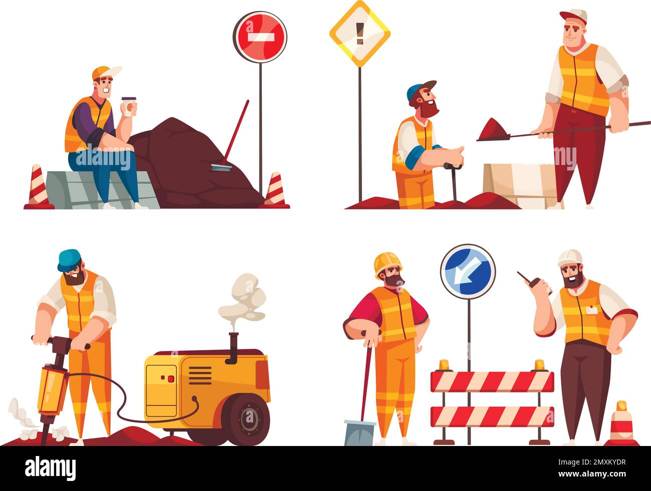 Straßenreparatur 2x2 Design-Konzept Satz von männlichen Charakteren arbeiten mit Presslufthammer und Schaufel Cartoon Kompositionen flache Vektor-Illustration Stock Vektor