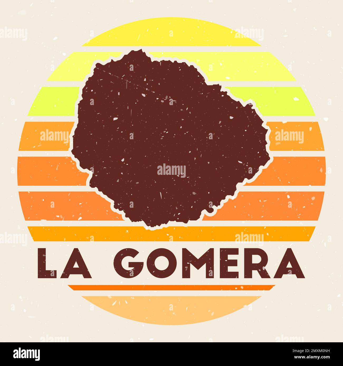 Logo von La Gomera. Unterschreiben Sie mit der Karte der Insel und den farbigen Streifen, Vektordarstellung. Kann als Abzeichen, Firmenlogo, Label, Aufkleber oder Abzeichen verwendet werden Stock Vektor
