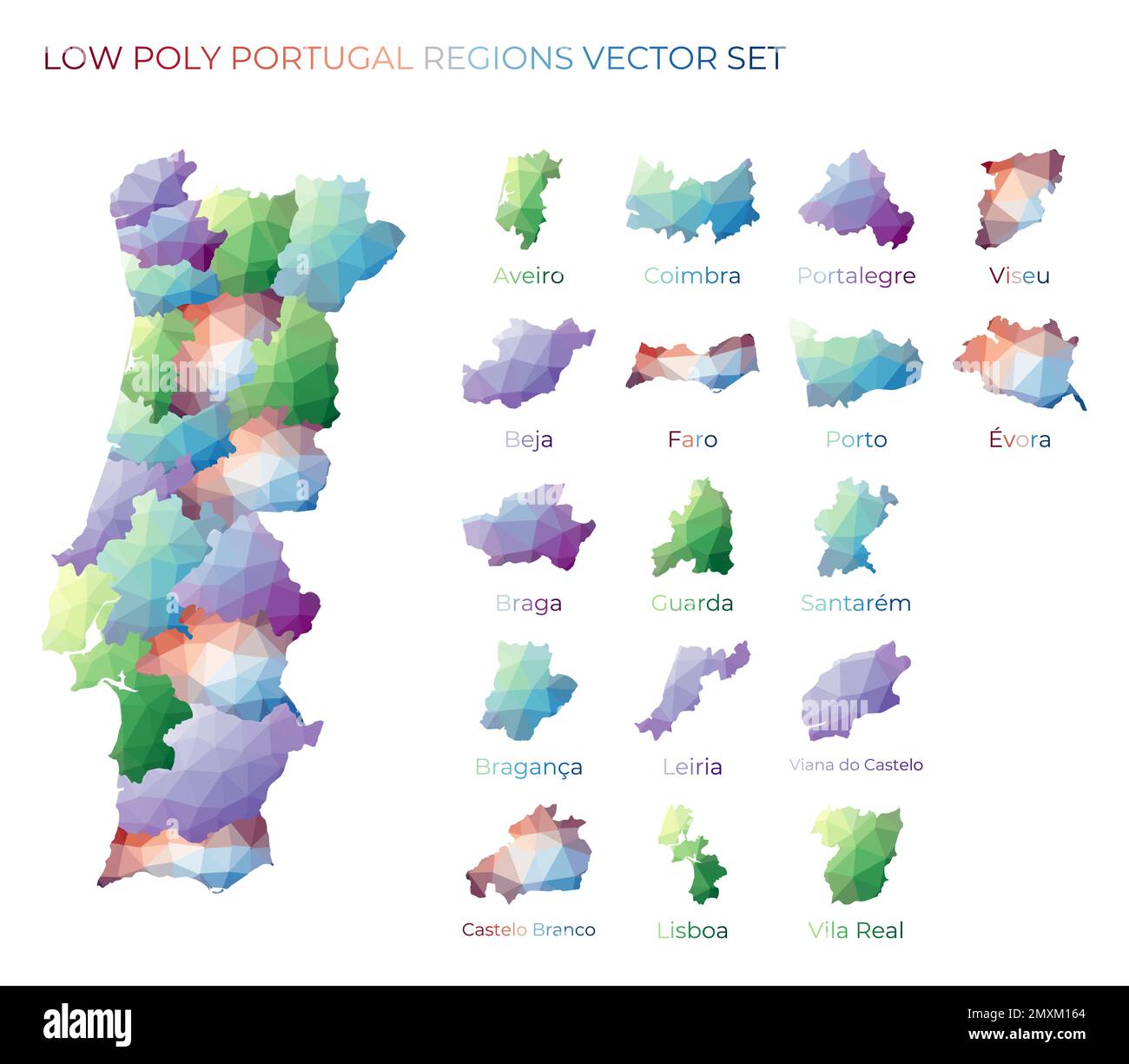 Portugiesische Regionen mit niedrigem Polyestergehalt. Polygonkarte Portugals mit Regionen. Geometrische Karten für Ihr Design. Erstaunliche Vektordarstellung. Stock Vektor