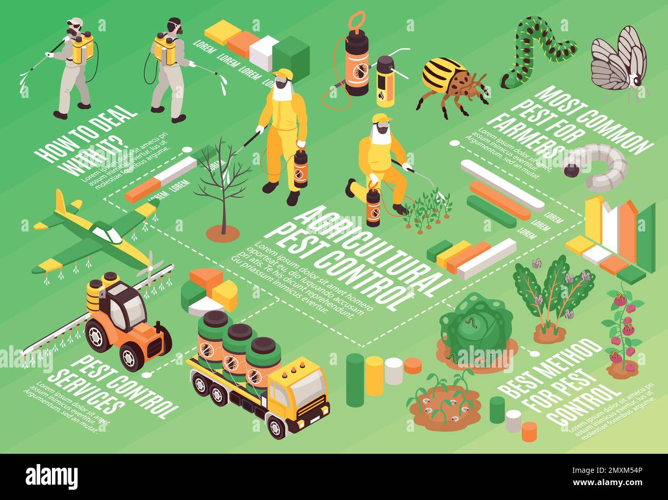 Isometrisches Flussdiagramm zur Schädlingsbekämpfung mit Vektordarstellung von landwirtschaftlichen Arbeitern und landwirtschaftlichen Geräten Stock Vektor