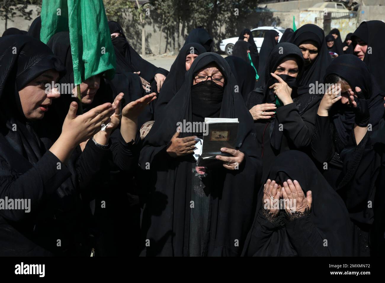 Iranian and Iraqi Shiite Muslims pray while attending a procession to ...