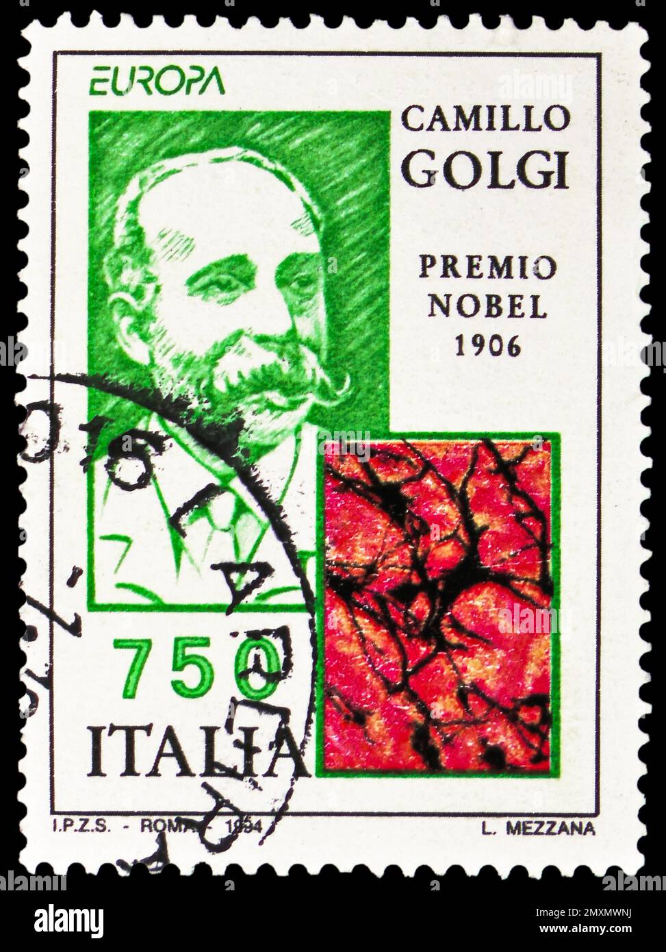 MOSKAU, RUSSLAND - 2. FEBRUAR 2023: Poststempel gedruckt in Italien zeigt Camillo Golgi, Europa (C.E.P.T.) 1994 - Discoveries and Inventions Series, Circ Stockfoto