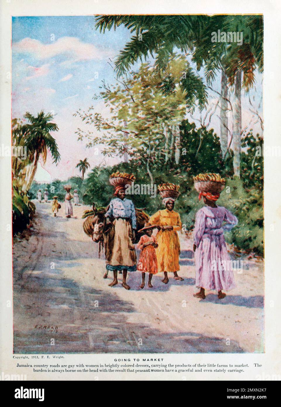 AUF DEM MARKT sind Jamaika-Landstraßen schwul mit Frauen in bunten Kleidern, die die Produkte ihrer kleinen Bauernhöfe auf den Markt bringen. Die Last wird immer auf dem Kopf getragen, was dazu führt, dass Bauernfrauen eine anmutige und sogar herrschaftliche Kutsche haben. Aus dem Buch Panama and the Canal in Picture and Prose : eine vollständige Geschichte von Panama sowie Geschichte, Zweck und Versprechen seines weltberühmten Kanals das gigantischste Ingenieurbüro seit Anbeginn der Zeit von Willis John Abbot,1863-1934 Veröffentlicht in London ; New York von der Syndicate Publishing Co. Im Jahr 1913 Stockfoto