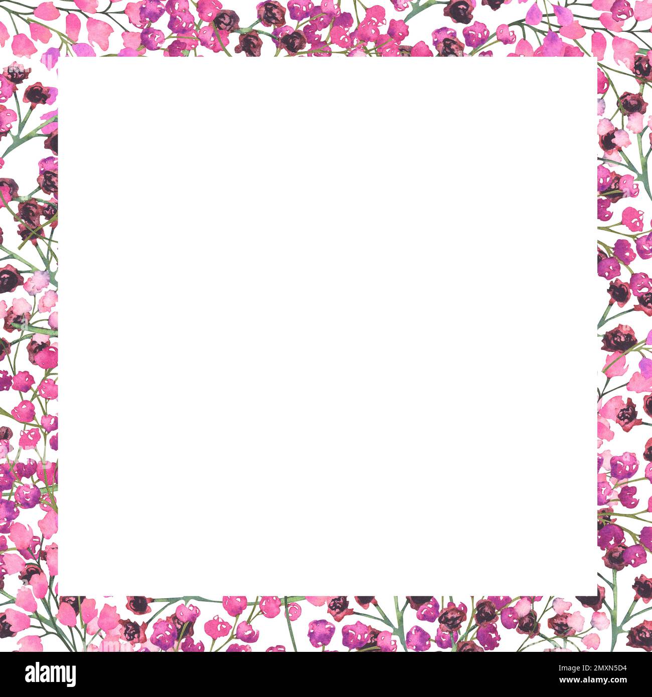Rand mit Blumenelementen in Rosa. Aquarelldruck mit kleinen Blumenelementen. Stockfoto