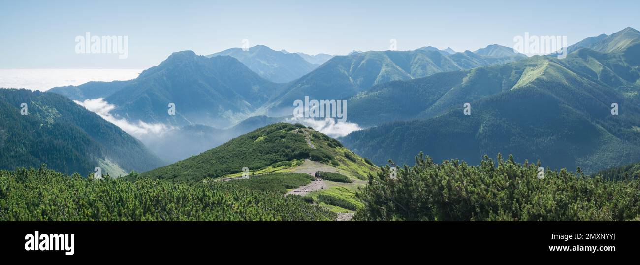 Natur-Bergpanorama mit Bergen, Tal und niedrigen Wolken, EU, Slowakei Stockfoto