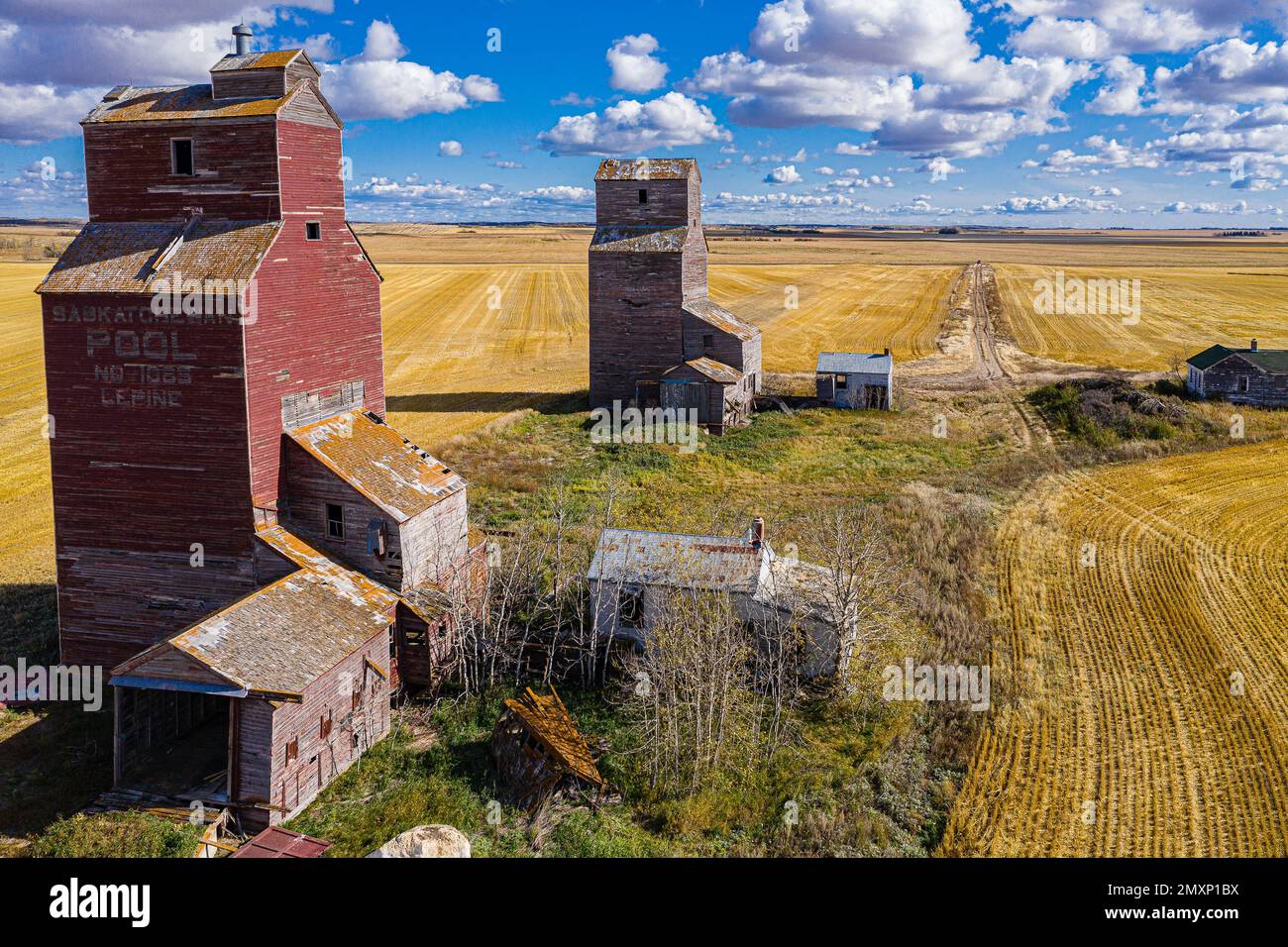 Ein Dröhnenblick auf die Lepine Grain Elevators vor den gelben Feldern unter dem Sonnenlicht Stockfoto