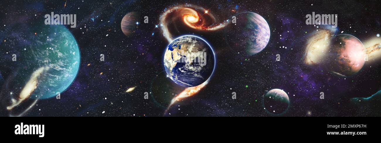 Schöne Erde im All. Universum-Konzept-Hintergrund. Feurige Explosion im Weltraum. Abstrakte Illustration des Universums. Elemente dieses Bildes sind vorhanden Stockfoto