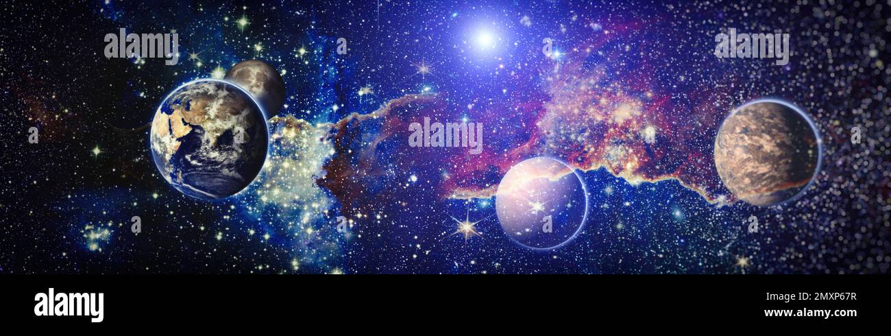 Schöne Erde im All. Universum-Konzept-Hintergrund. Feurige Explosion im Weltraum. Abstrakte Illustration des Universums. Elemente dieses Bildes sind vorhanden Stockfoto
