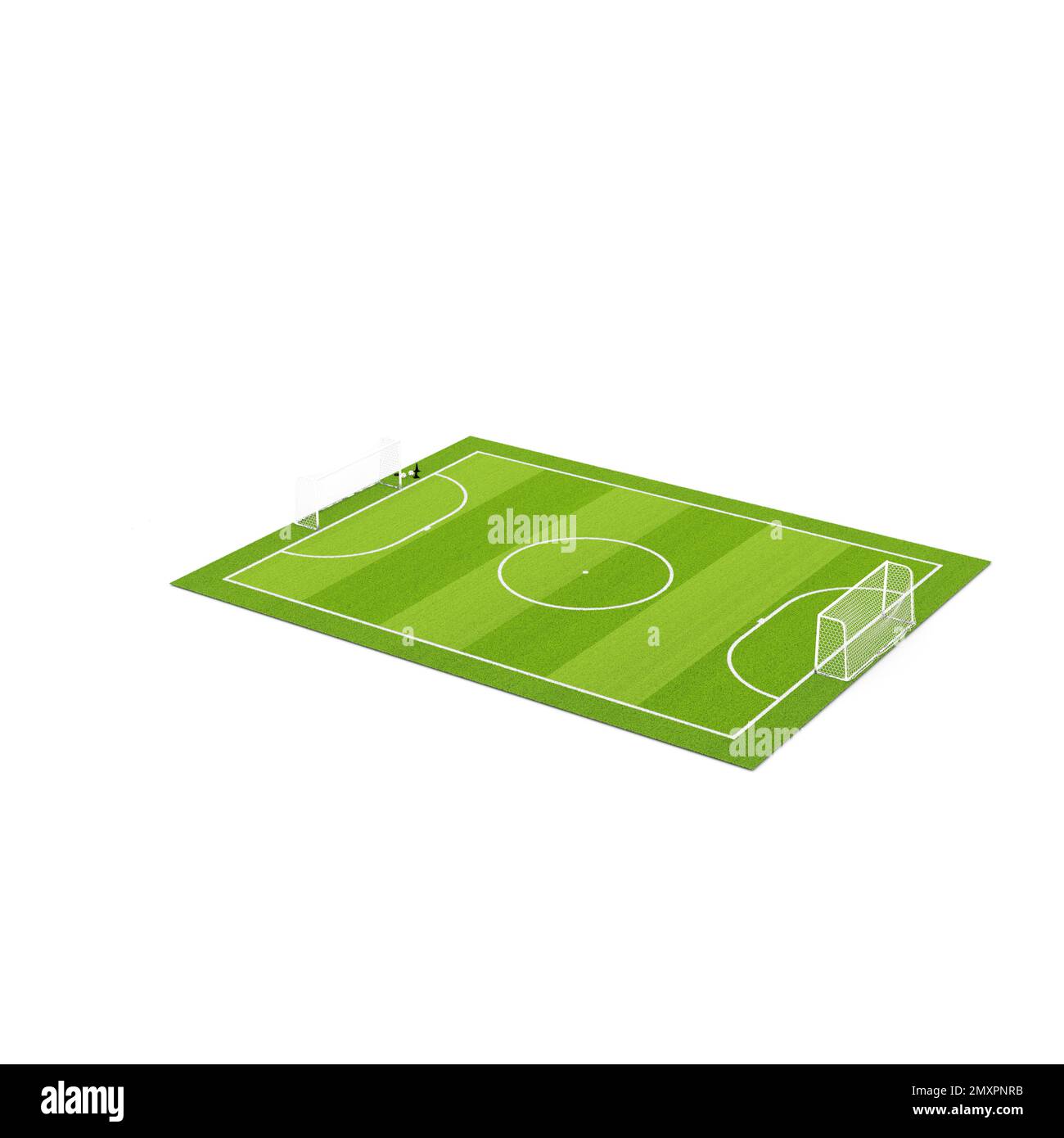 Ein 3D-Rendering eines Fußballfelds mit Tor und Netz isoliert auf weißem Hintergrund Stockfoto