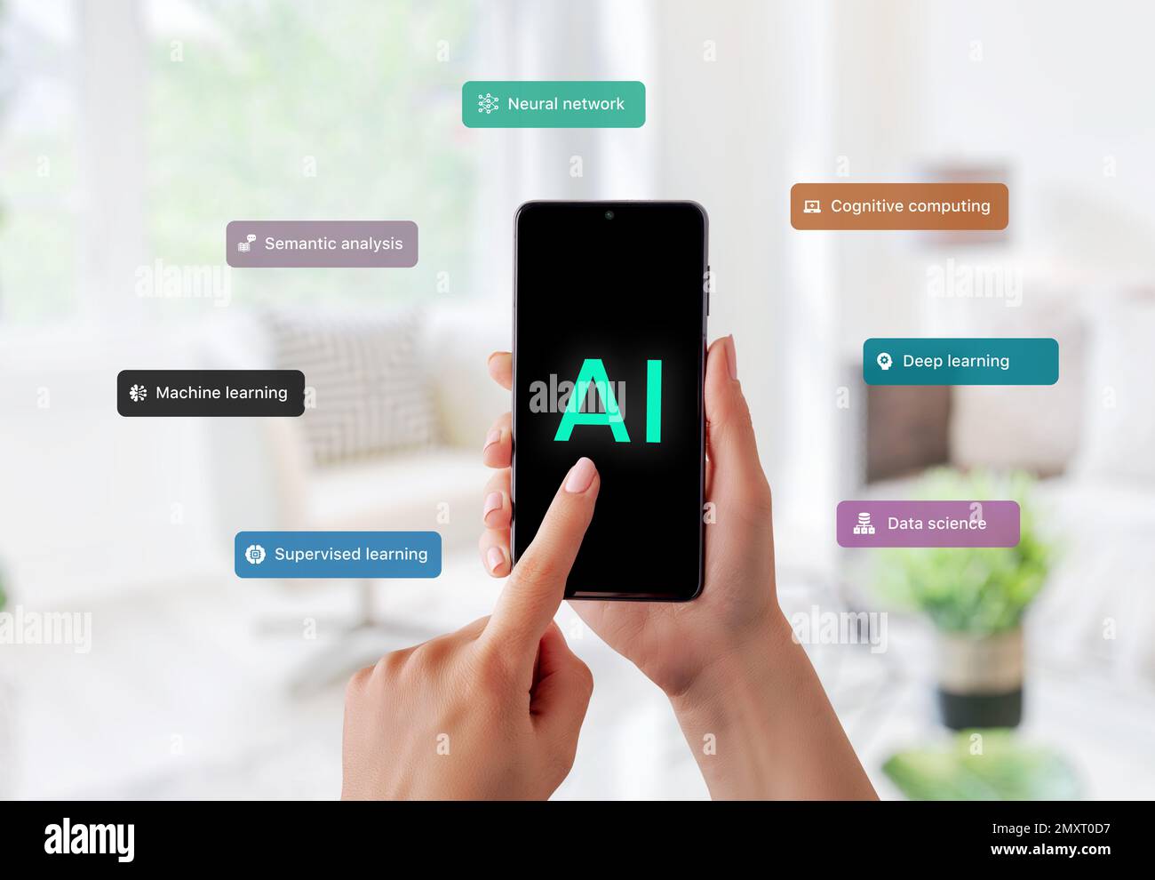 Smartphone, das den Einsatz von KI-Technologie wie semantische Analyse, Deep Learning, neuronale Netzwerke, maschinelles Lernen und überwachtes Lernen demonstriert. Innen Stockfoto