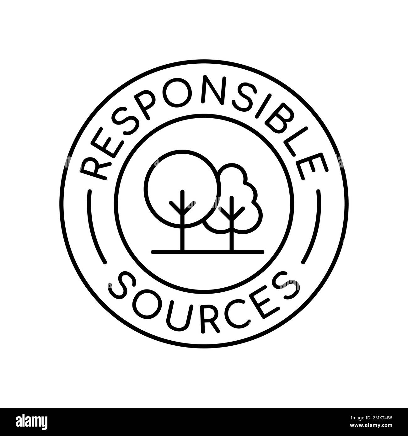 Logo, Abzeichen oder Symbol für verantwortungsvolle Quellen. Stempel für ethische Geschäftspraktiken. Bäume im Kreis. Nachhaltige Ressourcen. Umweltfreundlich Stock Vektor