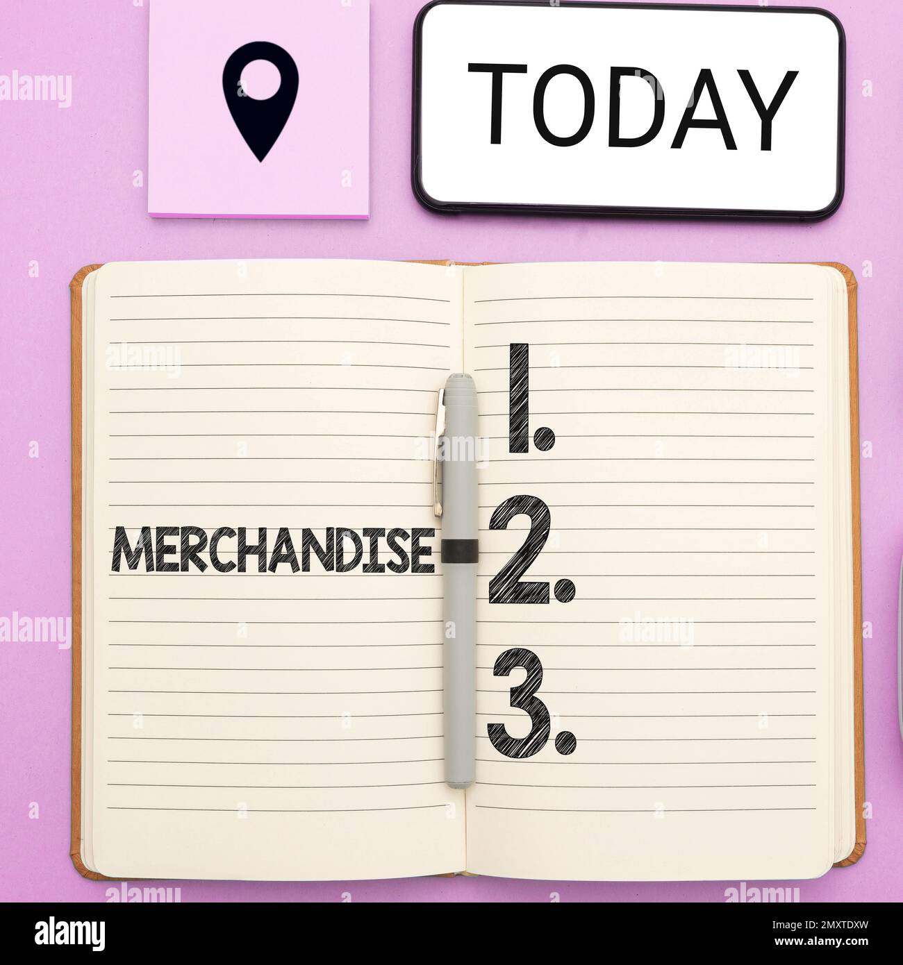 Textunterschrift mit Merchandise, Konzept für Waren oder Waren, die im Unternehmen gekauft und verkauft werden Stockfoto