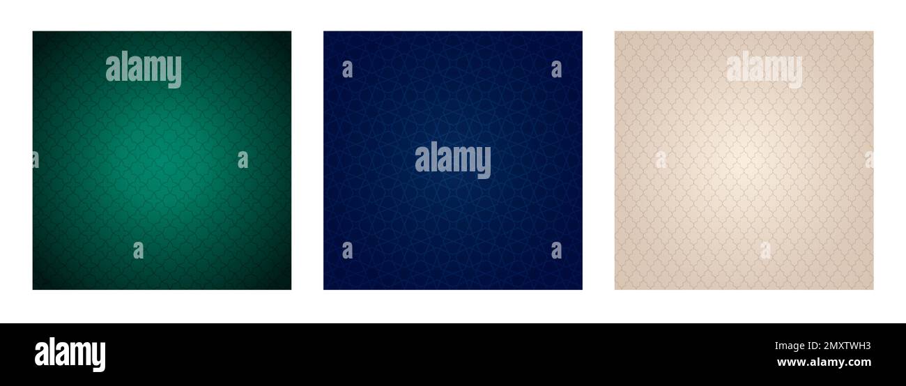 Set aus hellem beigefarbenem, blauem und grünem verlaufendem Hintergrund mit arabischen Mustern. Hintergrund Des Arabischen Mosaik-Ornaments. Muslimische Dekoration. Ramadan Kareem, Be Stock Vektor
