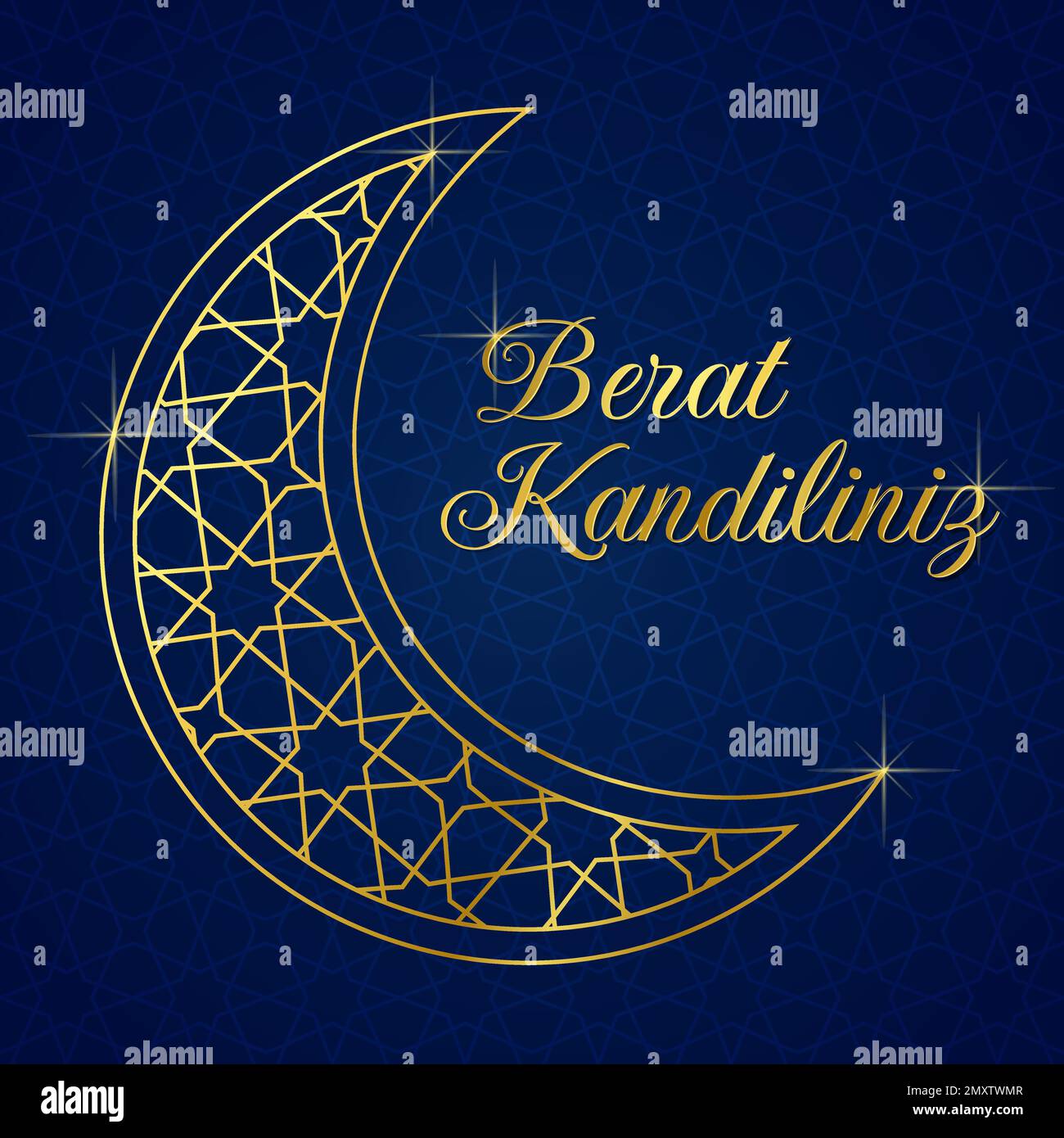 Muslimischer Feiertag. Vektorkonzept der islamischen heiligen Nacht Berat Kandiliniz. Übersetzung islamische heilige Nacht. Karte mit einem Halbmond mit arabischem Muster. Ve Stock Vektor
