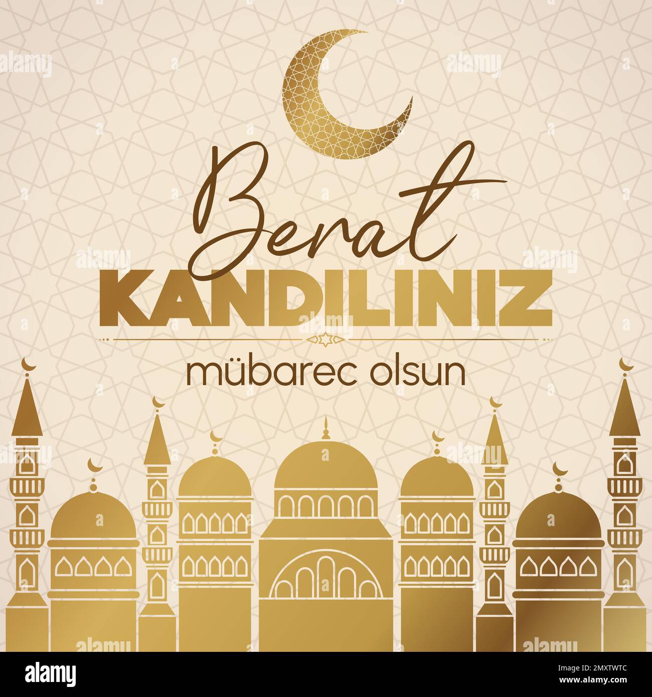 Muslimischer Feiertag. Konzept der islamischen heiligen Nacht Berat Kandili. Übersetzung Islamische heilige Nacht. Karte mit goldener Silhouette der Moschee. Vektor auf Licht Stock Vektor