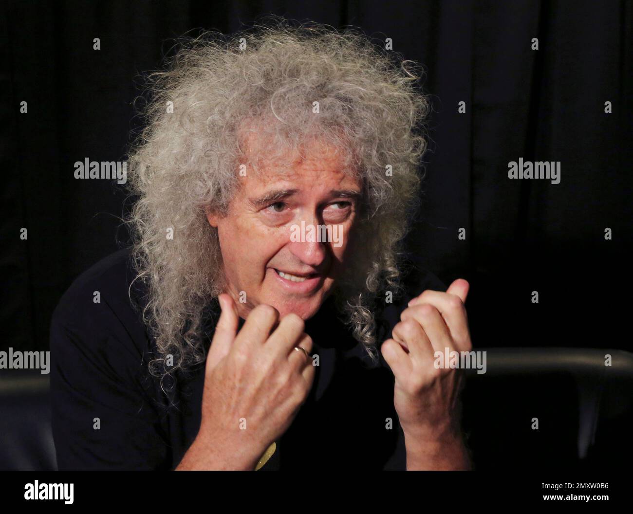 Brian May, guitarist of British rock group Queen, speaks during an interview with The Associated Press in Tokyo, Friday, Sept. 23, 2016. May is taking a stand against Japanese dolphin killing, saying the slaughter of animals should end in the same way society has turned against slavery or witch-burning. May spoke Friday while in Tokyo for a Queen concert. (AP Photo/Koji Sasahara) Stockfoto