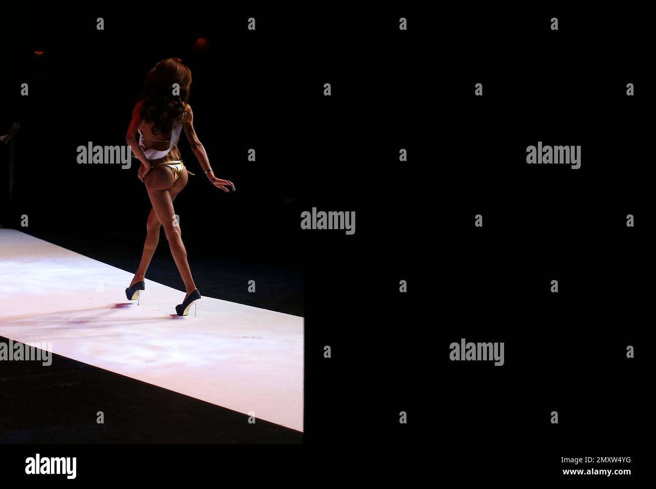 In this Sunday, Sept. 18, 2016 photo, Victoria Caram, from Argentina takes part in the Miss Trans Star International 2016 show celebrated in Barcelona, Spain. To be eligible to compete, contestants are not required to have undergone gender reassignment surgery, but must have the face and figure that comports with traditional notions of what constitutes ideal feminine beauty. (AP Photo/Manu Fernandez) Stockfoto