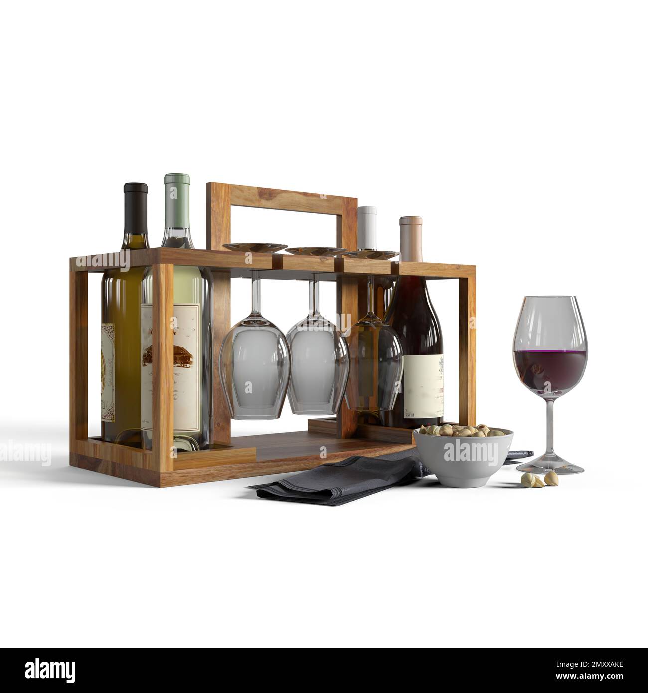 Eine digitale Darstellung eines Holzhalters für Weinflaschen und Gläser auf weißem Hintergrund Stockfoto