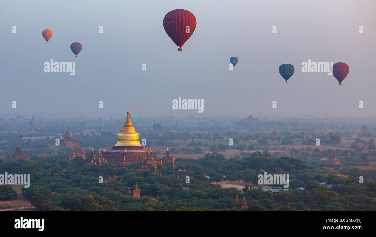 Heißluftballons über dem Tempel und den Pagoden von Bagan in Myanmar Stockfoto