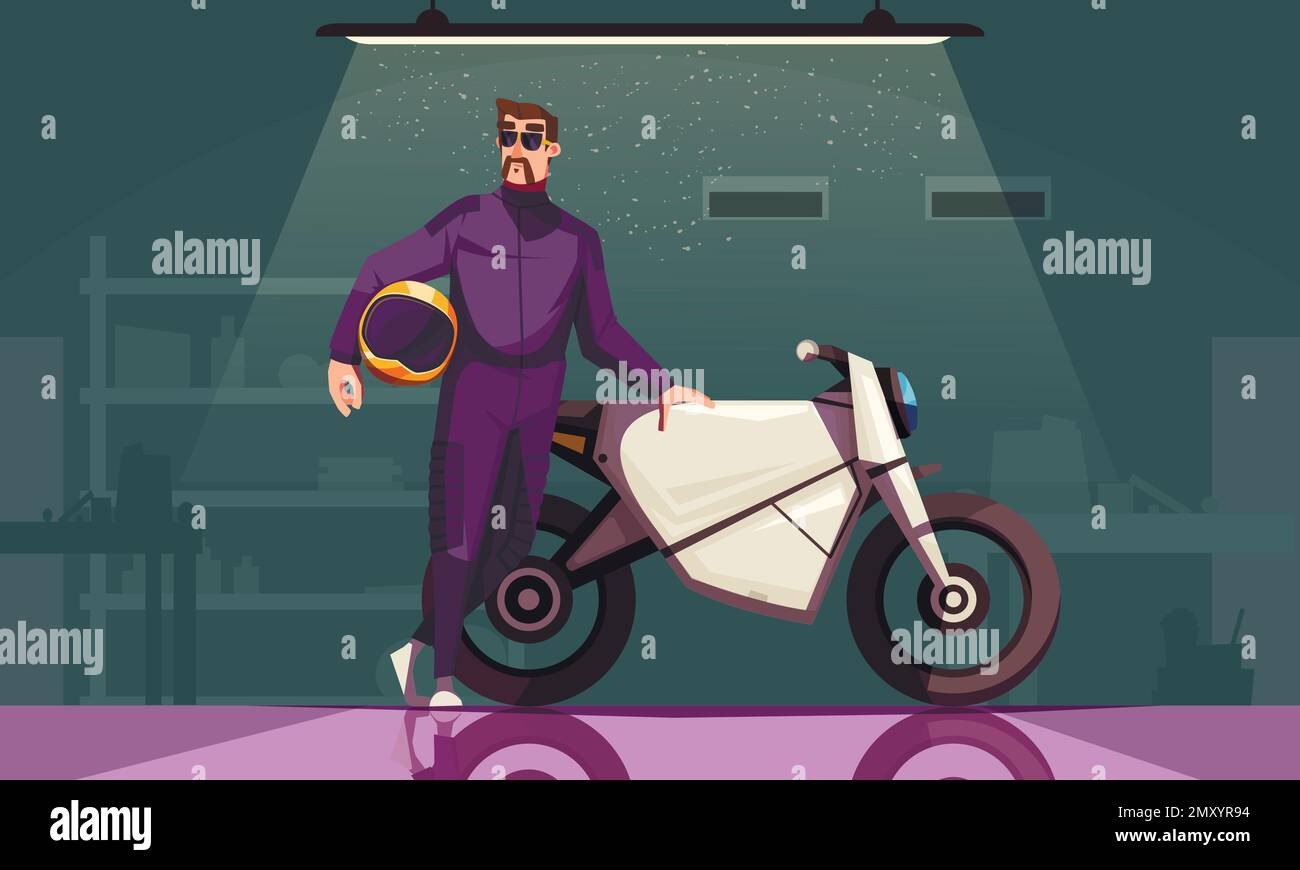 Motorrad-Cartoon-Poster mit coolem männlichen Biker in der Garage Stock Vektor