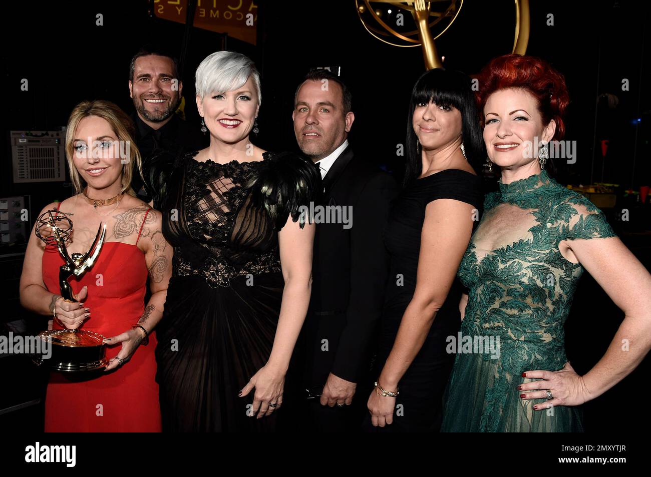 EXCLUSIVE - The team from “American Horror Story: Hotel”, winners of the award for outstanding makeup for a limited series or a movie (non-prosthetic) attend night one of the Television Academy's 2016 Creative Arts Emmy Awards at the Microsoft Theater on Saturday, Sept. 10, 2016 in Los Angeles. (Photo by Dan Steinberg/Invision for the Television Academy/AP Images) Stockfoto