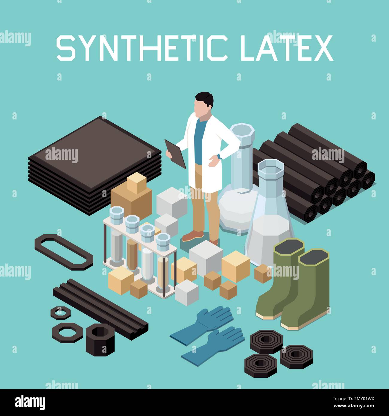 Isometrischer Hintergrund aus synthetischem Latex mit Gerätelementen des chemischen Labors und der Vektordarstellung von Fertigprodukten Stock Vektor