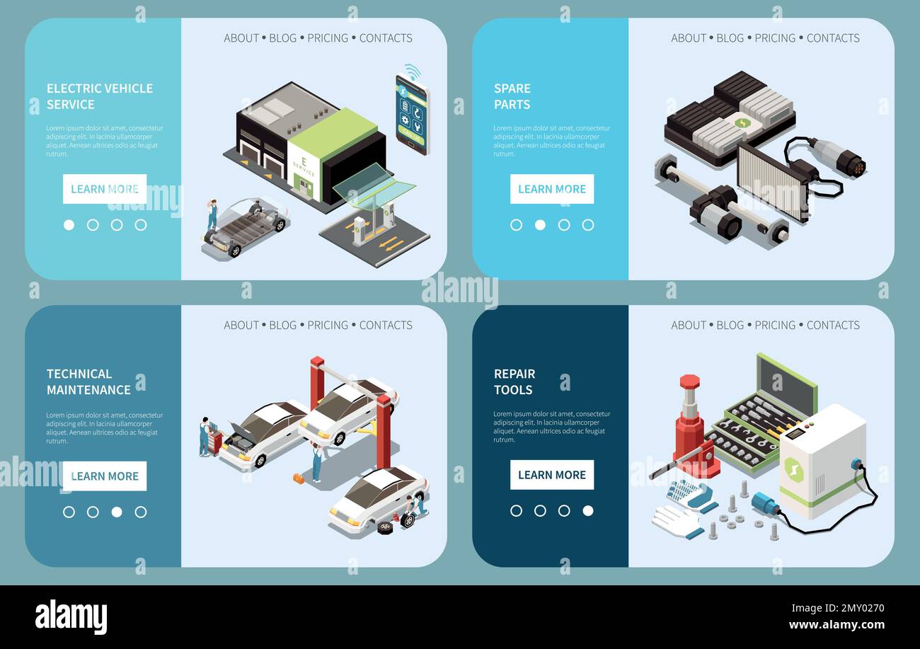 Isometrische Landing-Pages für den Service von Elektrofahrzeugen mit Informationen zu Ersatzteilen, Reparaturwerkzeugen, Vektordarstellung für die technische Wartung Stock Vektor