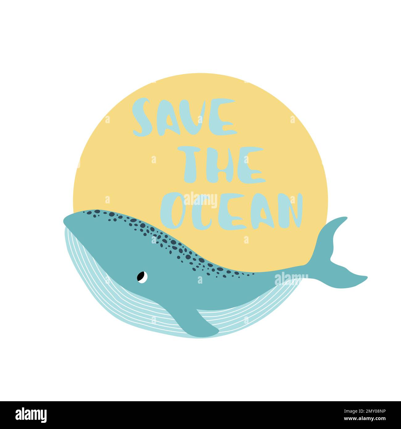 Vektor Ozean Illustration mit Wal. Save the Ocean - Moderne Beschriftung. Unterwassertiere. Ökologisches Design für Banner, Flyer, Postkarte, Website Stock Vektor