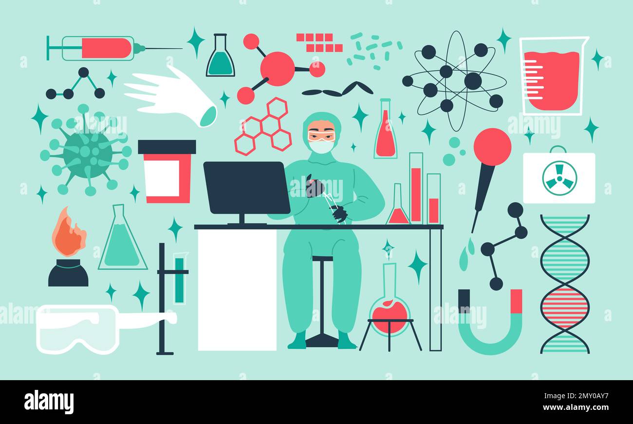 Flache Symbole für wissenschaftliche Labore mit Forschern in Schutzkleidung und chemischen Symbolen isolierte Vektordarstellung Stock Vektor