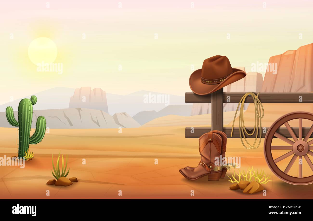 Komposition aus Wildwest-Cartoon mit Outdoor-Landschaft der Wüste mit Cowboy-Stiefeln und Hut auf Zaun Vektorgrafik Stock Vektor