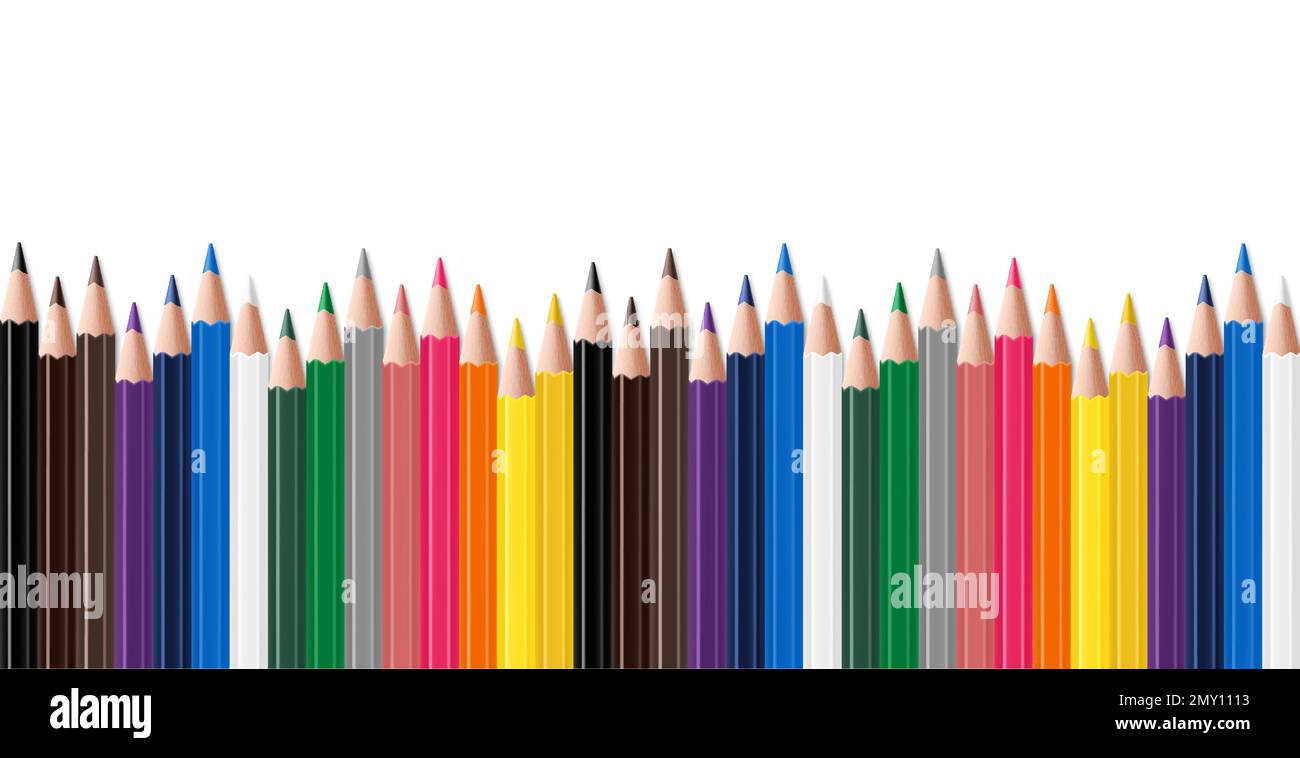 Set aus mehrfarbigen Bleistiften oder Buntstiften, isoliert auf weißem Hintergrund. Zurück zur Schule. Vorlagendesign für Präsentationen, Publikationen, Schulungen. R Stock Vektor