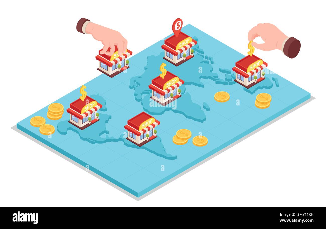 Franchisekonzept mit isometrischen Vektordarstellungen für Geschäfts- und Finanzsymbole Stock Vektor