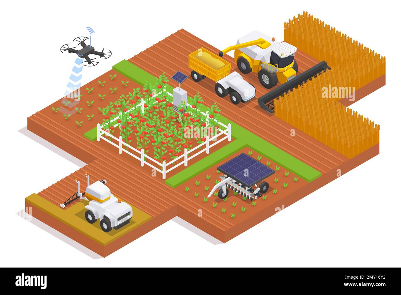 Moderne isometrische Zusammensetzung von Landmaschinen mit ferngesteuerter Automatik, angetrieben von Solarpaneelen, die mit Feldvektoren arbeiten Stock Vektor