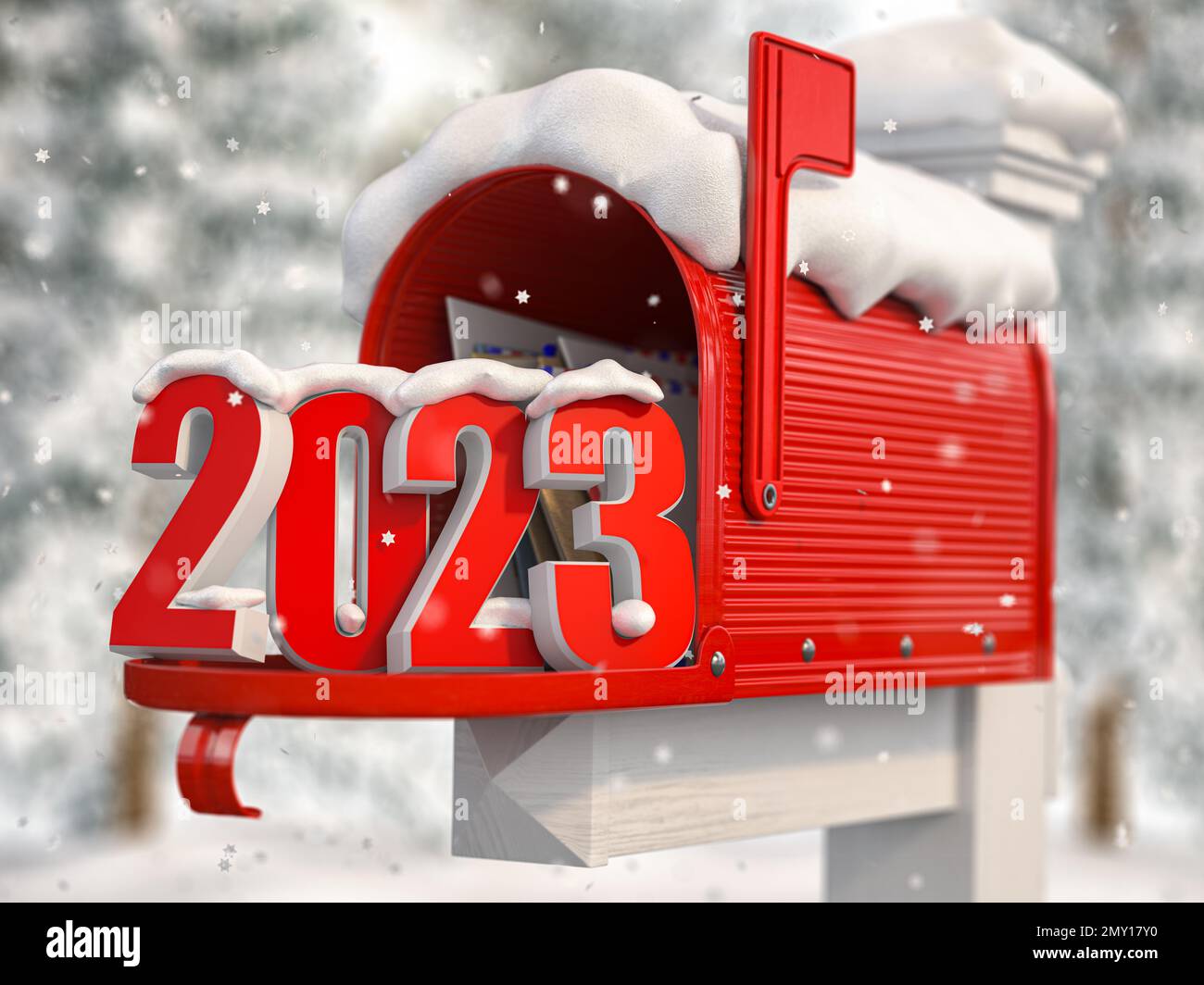 Frohes Neues 2023. Jahr. Briefkasten mit Buchstaben und Nummer 2023. 3D Abbildung Stockfoto