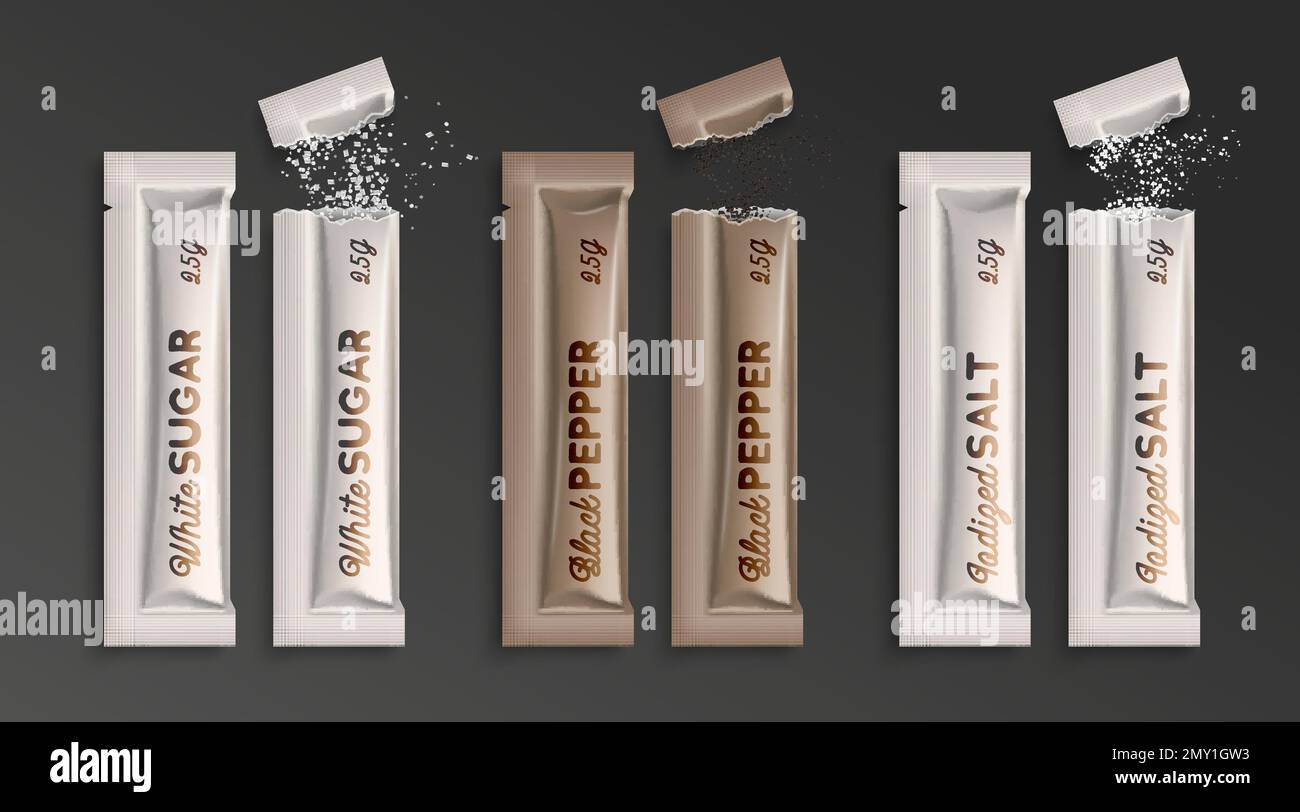 Realistisches Beutel-Paket-Set mit Vektordarstellung isolierter Zuckerpfeffer- und Salzstäbchen von oben Stock Vektor