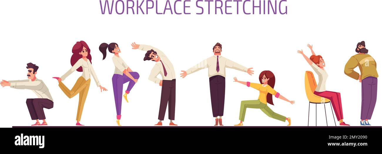 Workout Stretches Set mit Poeple in Bürokleidung für einfache Übungen isolierte Vektordarstellung Stock Vektor