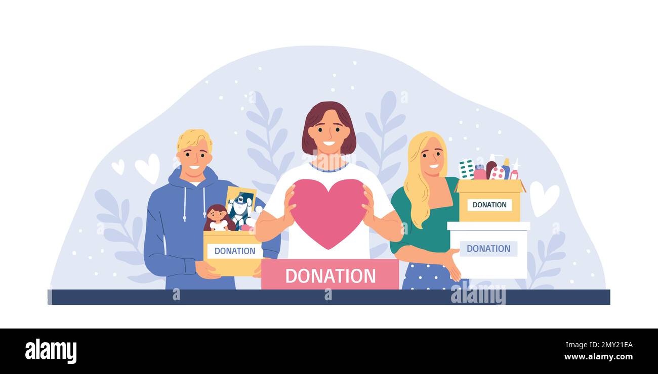 Wohltätigkeitskonzept mit lächelnden Freiwilligen, die Spendenboxen und eine große Herzvektor-Illustration halten Stock Vektor