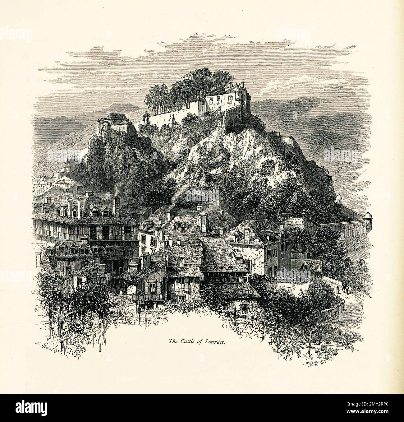 Antike Gravur des Chateau Fort de Lourdes, einer historischen Burg am Eingang zu den sieben Tälern des Lavedan in Lourdes, Frankreich. Ich Bin Es Stockfoto