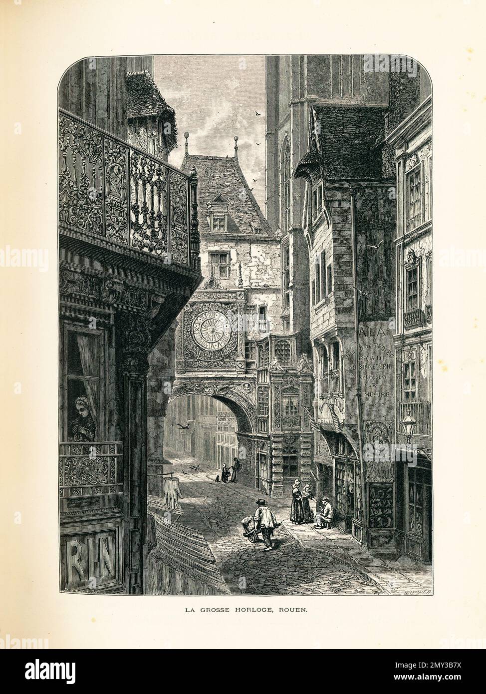 Antike Gravur der Gros Horloge, einer astronomischen Uhr aus dem 16. Jahrhundert in Rouen, Obernormandie, Frankreich. Abbildung in Pi veröffentlicht Stockfoto