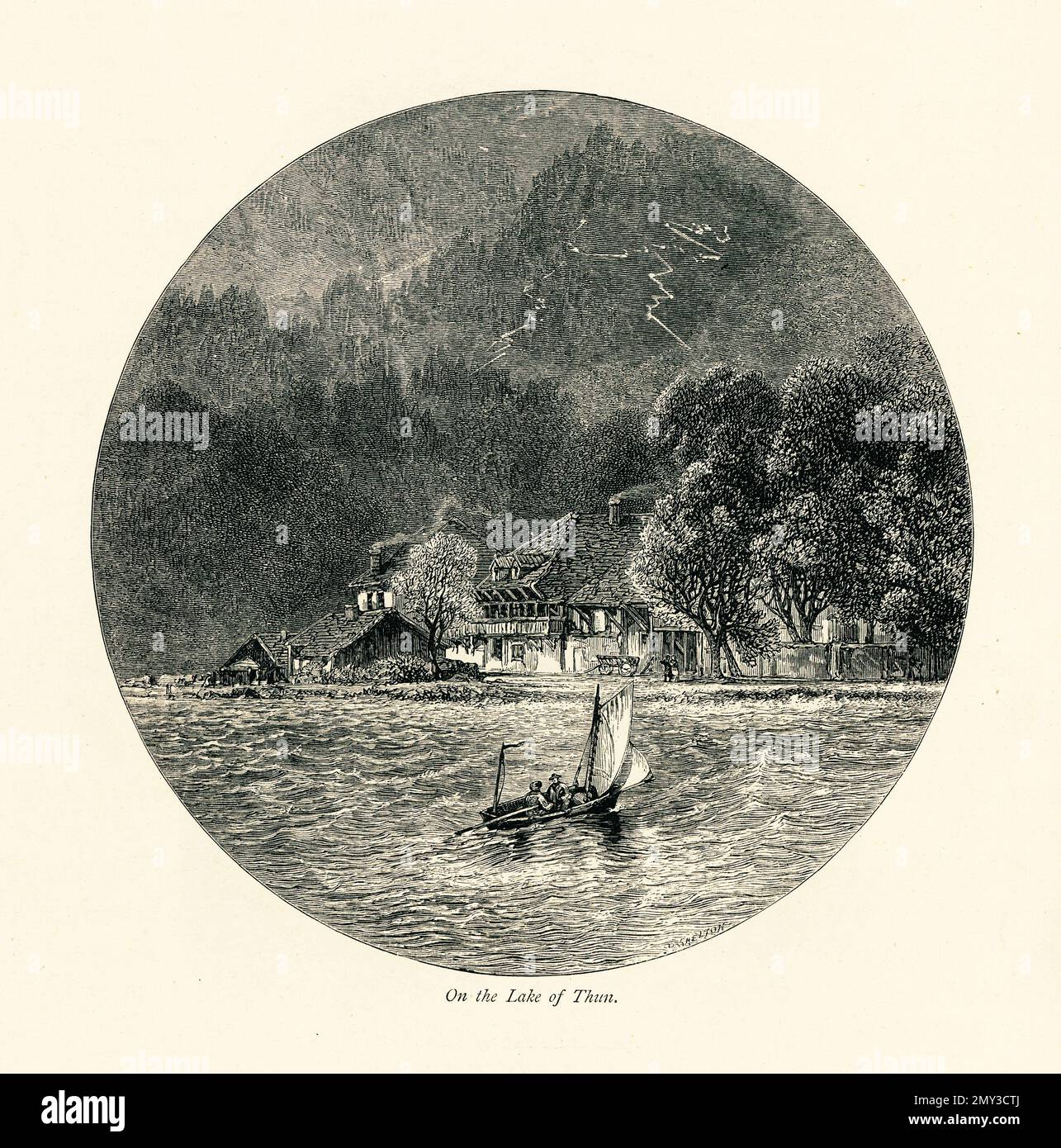 Antike Gravur des Thunersees im Berner Oberland in der Schweiz. Illustration veröffentlicht im malerischen Europa, Vol. III (Cassell & Comp Stockfoto