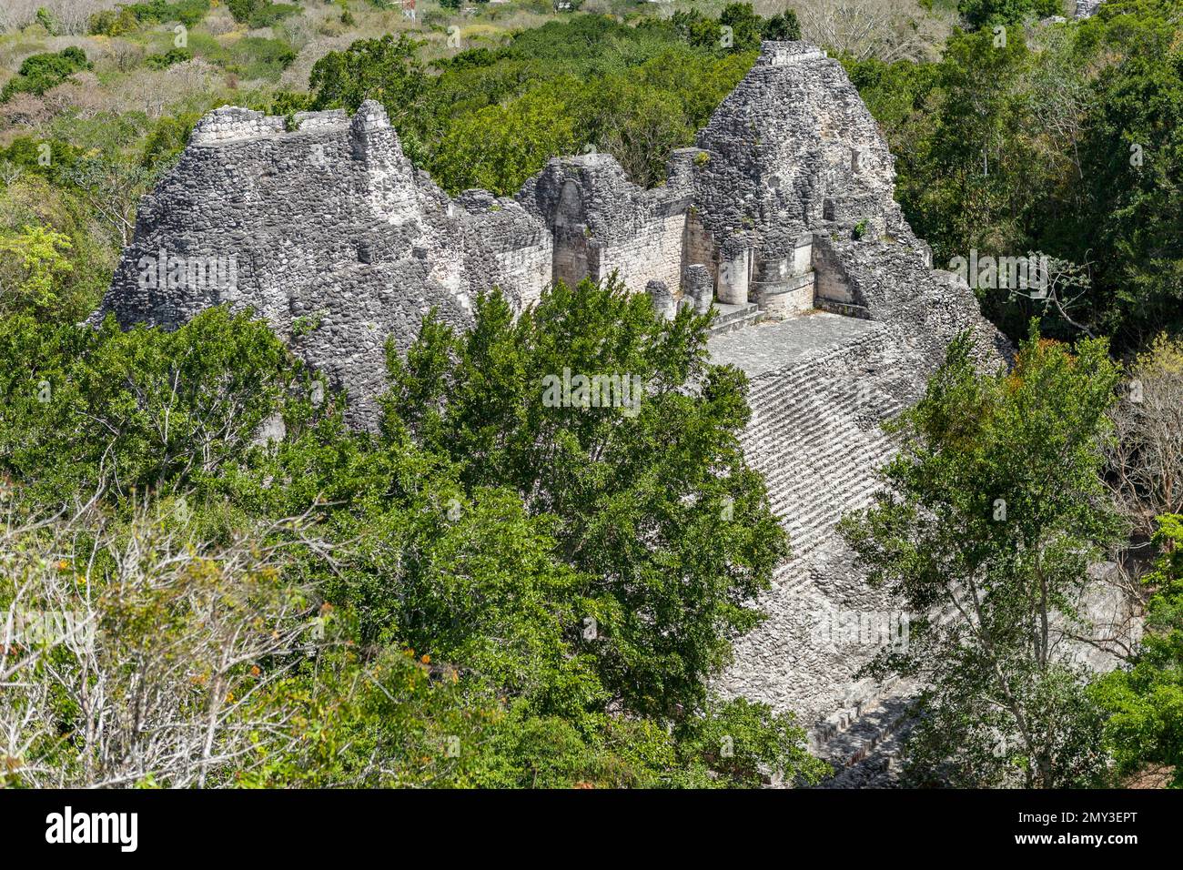 Struktur VIII der alten Maya-Ruinen in Becán, von der Spitze der Struktur IX, Halbinsel Yucatán, Mexiko Stockfoto