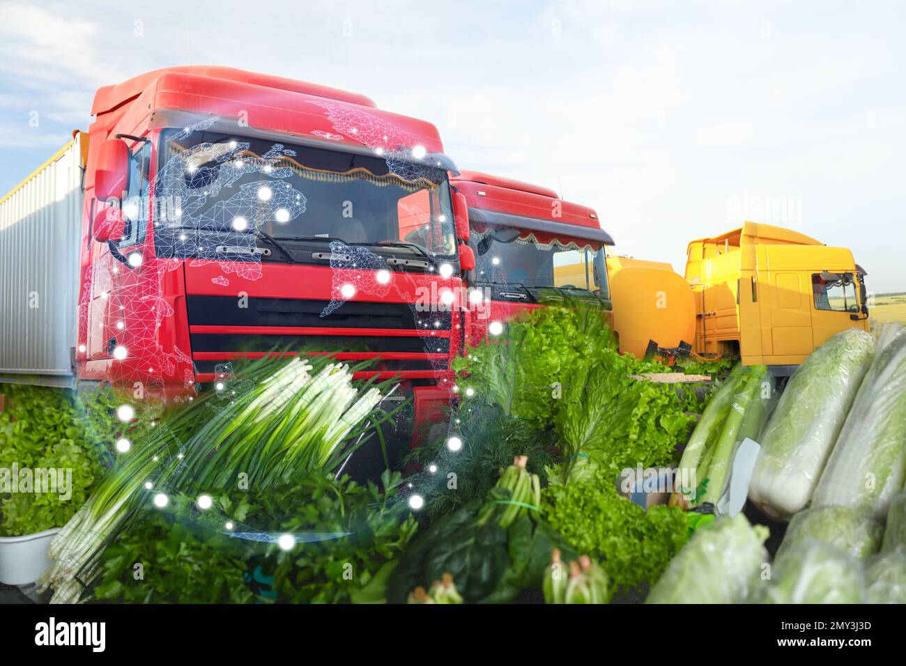 Collage mit LKWs, Weltkugel, Gemüse und Kräutern. Großhandelskonzept Stockfoto