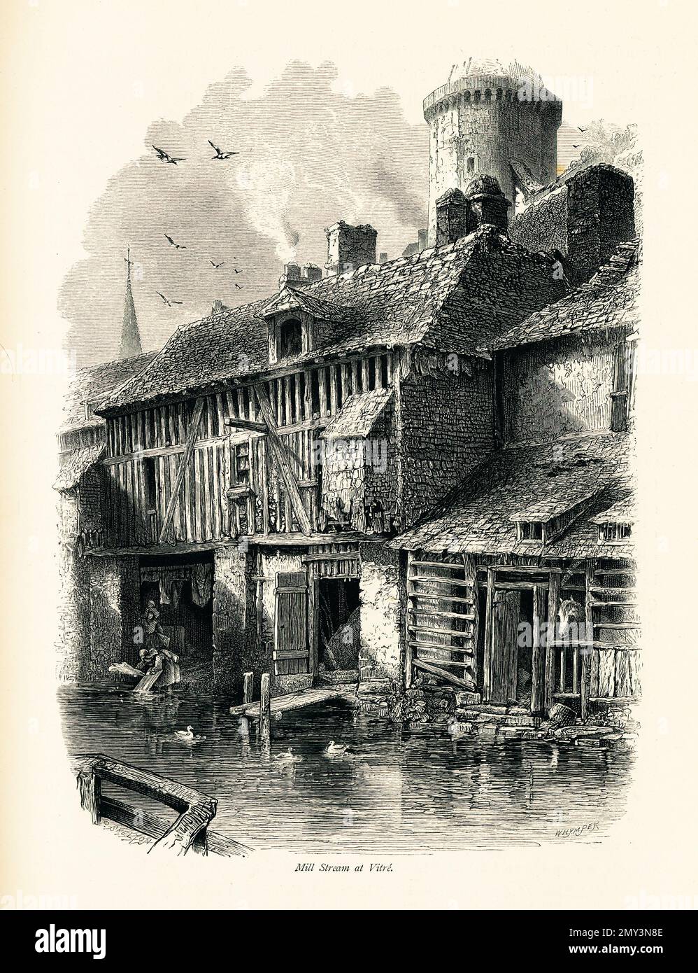Antike Holzgravierung des Mühlenbachs in der Stadt Vitre, Bretagne, Frankreich. Illustration veröffentlicht im malerischen Europa, Vol. III (Cassell & Compan Stockfoto