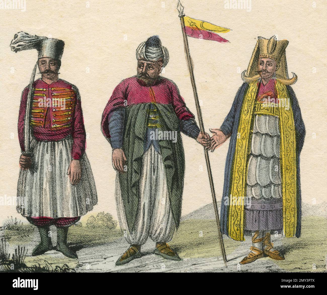 Kostüme Europas: Istanbul Cadi, Fähnrich und Chief Cook, Farbdarstellung, 1800er Stockfoto
