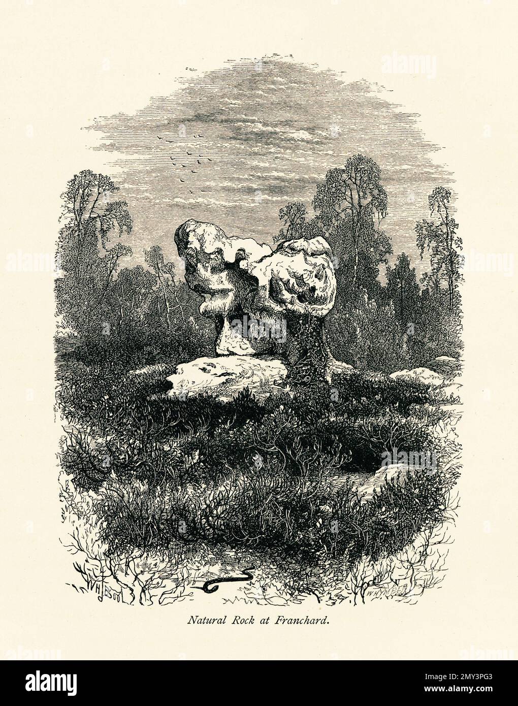 Antike Gravur einer natürlichen Felsformation in Franchard im Wald von Fontainebleau, Frankreich. Gravur im malerischen Europa, Vol. II Stockfoto
