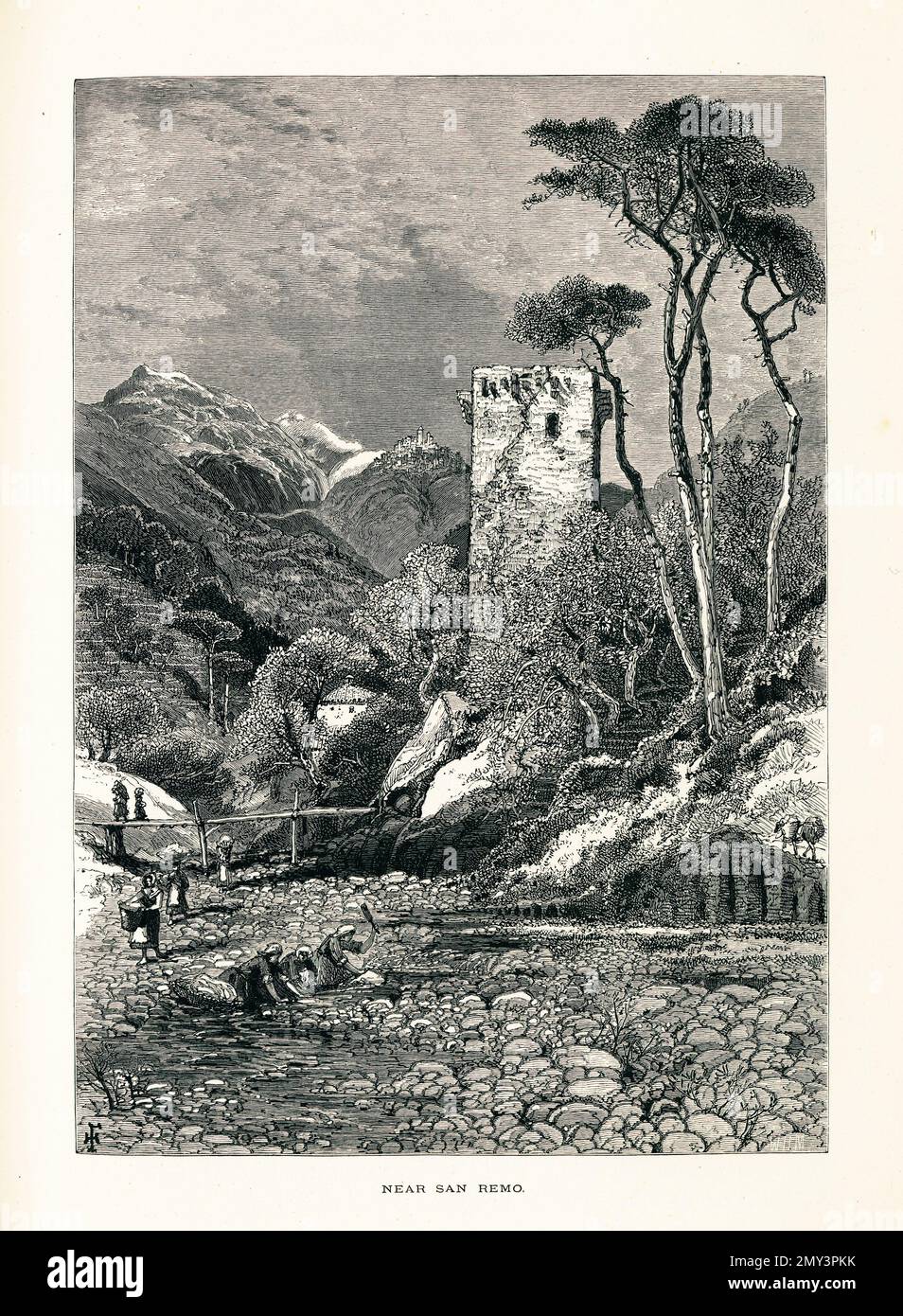 Antike Gravur in der Nähe von San Remo an der Mittelmeerküste von Ligurien, Italien. Illustration veröffentlicht im malerischen Europa, Vol. III ( Stockfoto