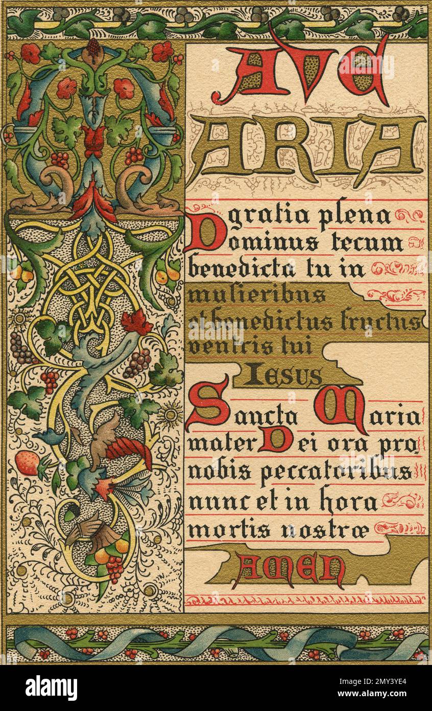 Heil Maria Gebete auf Latein mit gotischer Schrift, Farbdarstellung, Italien 1800er Stockfoto