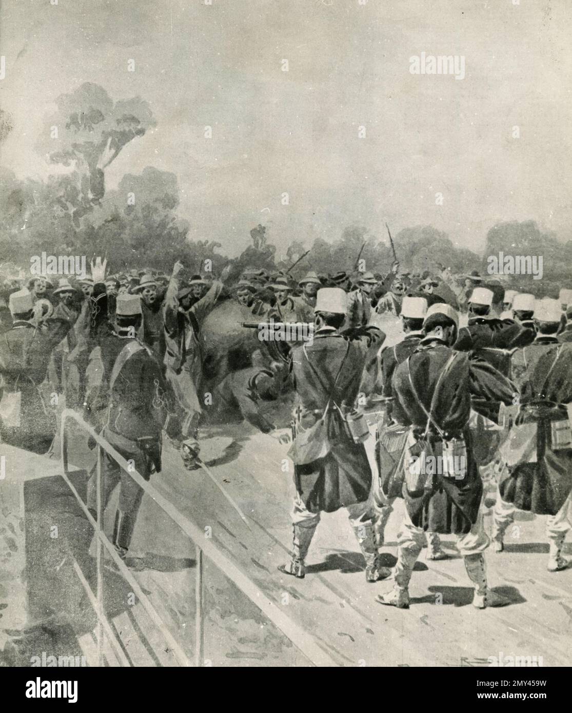 Massaker an der Albersano-Brücke: Soldaten schießen auf Streikende in Ferrara, Berra, Italien 1901 Stockfoto