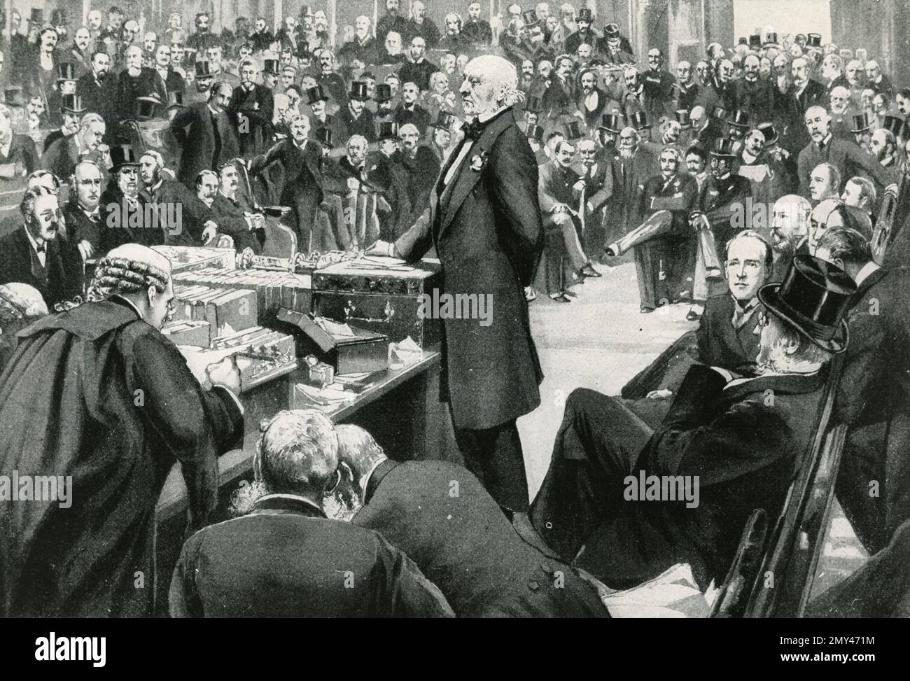 Der britische Politiker und Premierminister Lord William Gladstone spricht sich für das Gesetz über die Hausordnung in der unteren Kammer aus, Illustration, UK 1890er Stockfoto